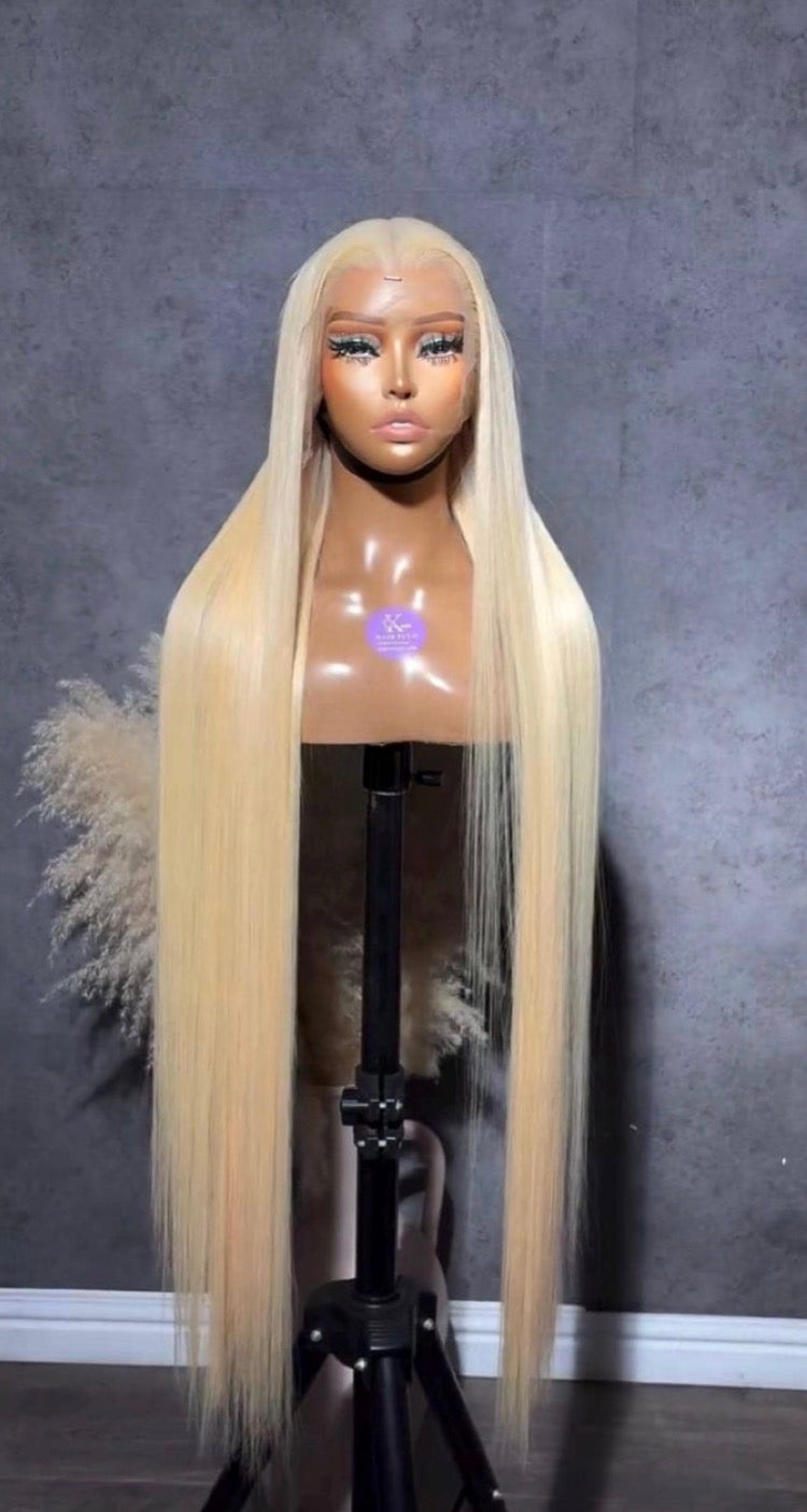 26 Inch Blonde Straight Human Hair Lace Front Wig Pre Plucked