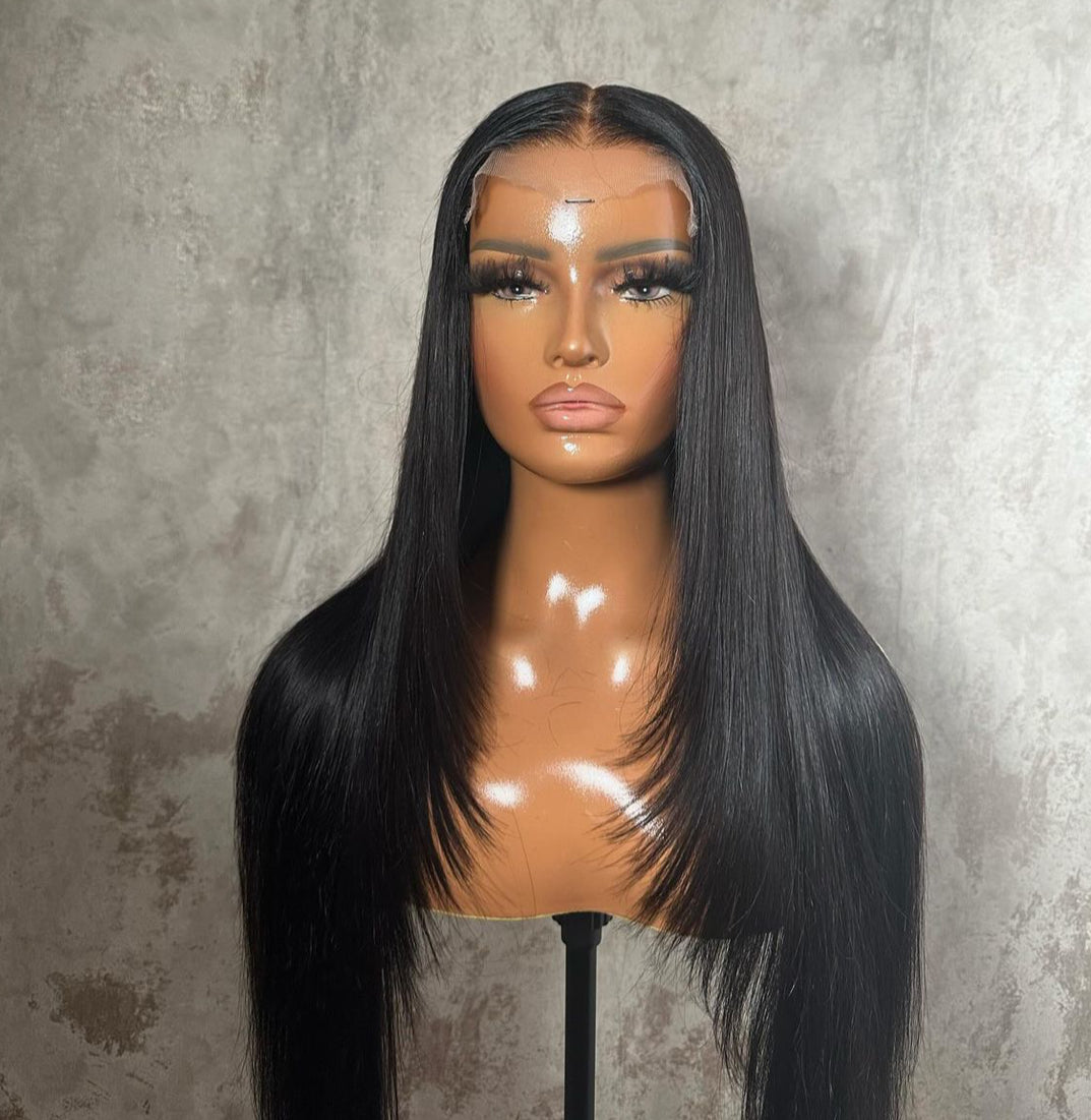 24 Inch Black Straight Human Hair Lace Front Wig Pre Plucked
